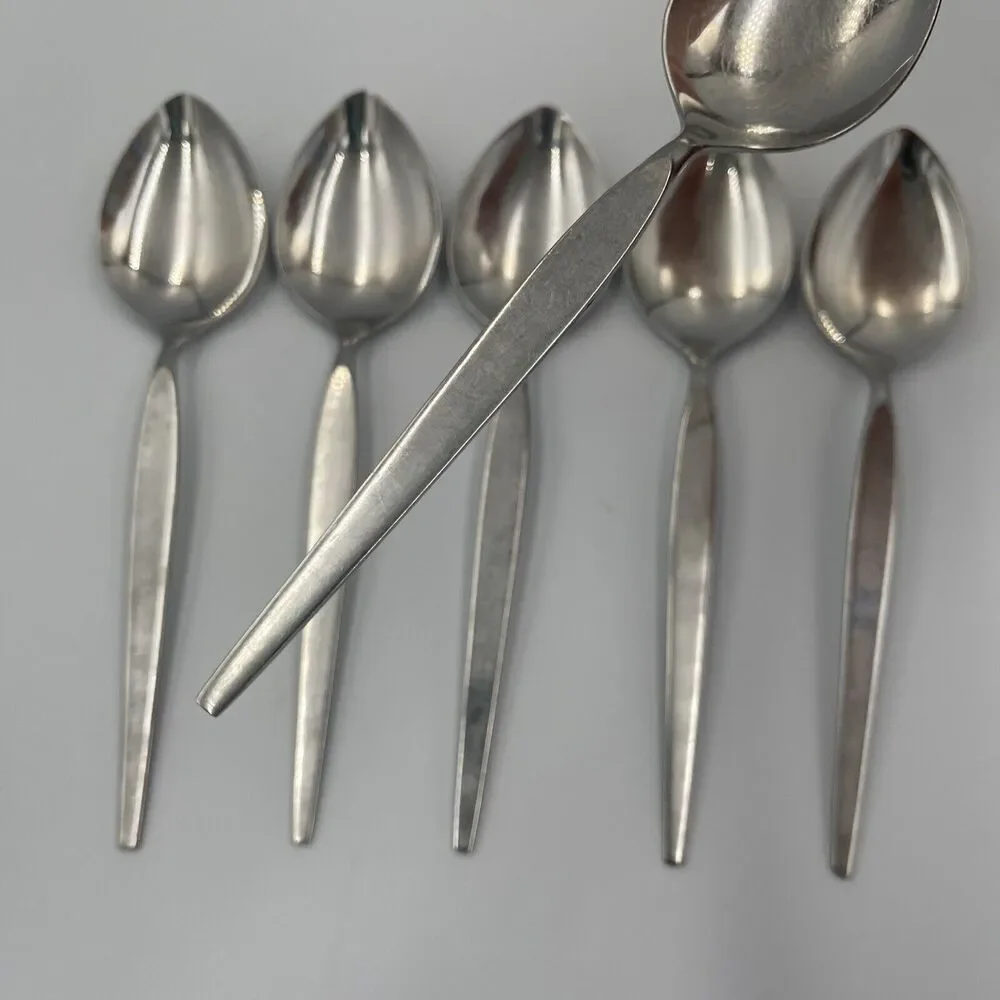 6 Oneida Community SATINIQUE Older Style Stainless Oval SOUP SPOONS Vtg Flatware